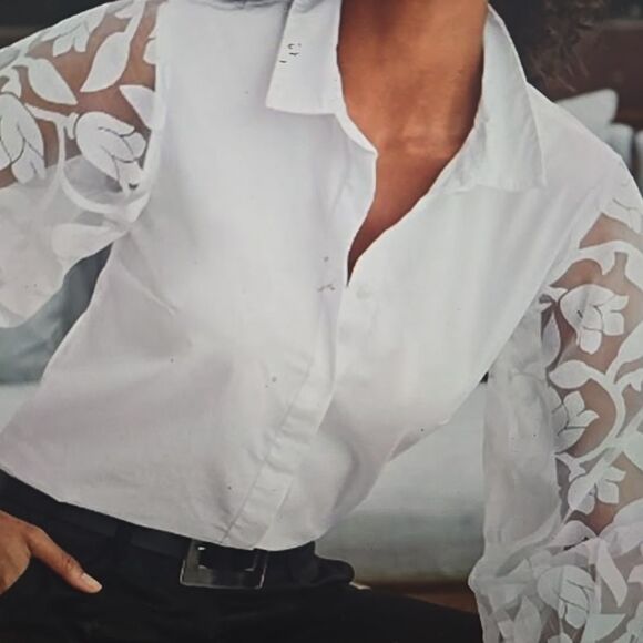 NWOT Boston Proper Illusion Embroidered Sleeve Shirt  S - Picture 1 of 8